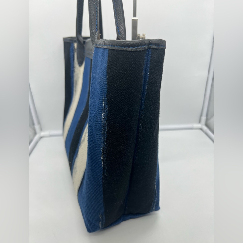 LONGCHAMP Coup De Pinceau EW Tote Blue Striped Canvas Leather Trim Shoulder Bag - Picture 12 of 17